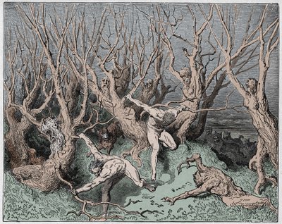 Inferno, Canto 13: The suicides flee the forest (illustration from The Divine Comedy) by Gustave after Dore